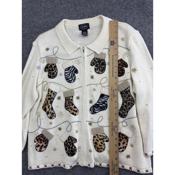 Designers Studio Originals Sweater Womens XL Animal Print Mittens Holiday Zip - Picture 4 of 7